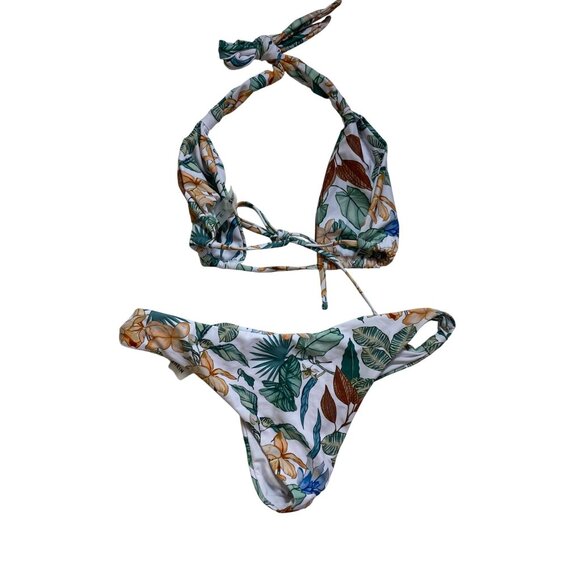 Tropical Print Halter Bikini Large White & Green Two-Piece Swimwear Sexy‎ Beach - Picture 3 of 8